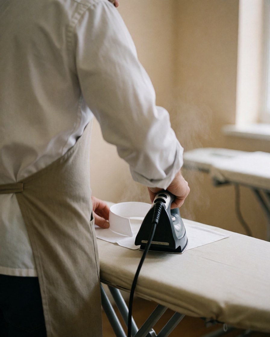 A technician irons a white shirt collar on a board in a workshop with beige walls and natural light