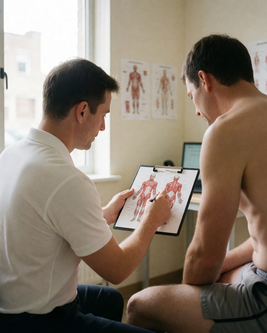 Therapist explaining a muscular diagram to a client with a bare torso in a beige room with visible anatomy.