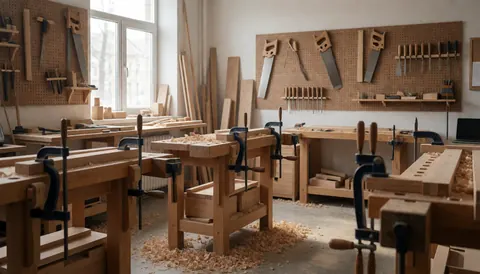 Furniture restoration workshop featuring workbenches, hanging tools, and wood shavings on the floor illuminated by natural light