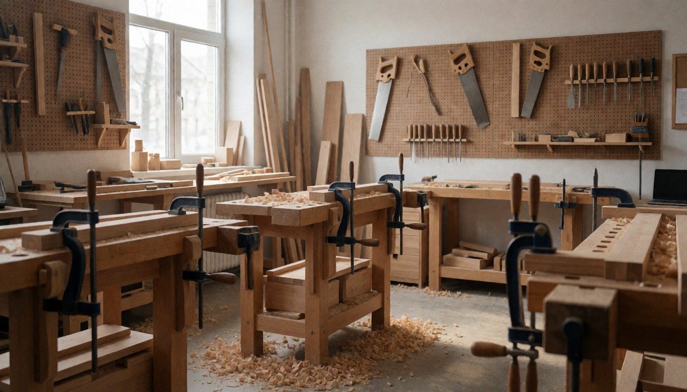 Furniture restoration workshop featuring workbenches, hanging tools, and wood shavings on the floor illuminated by natural light