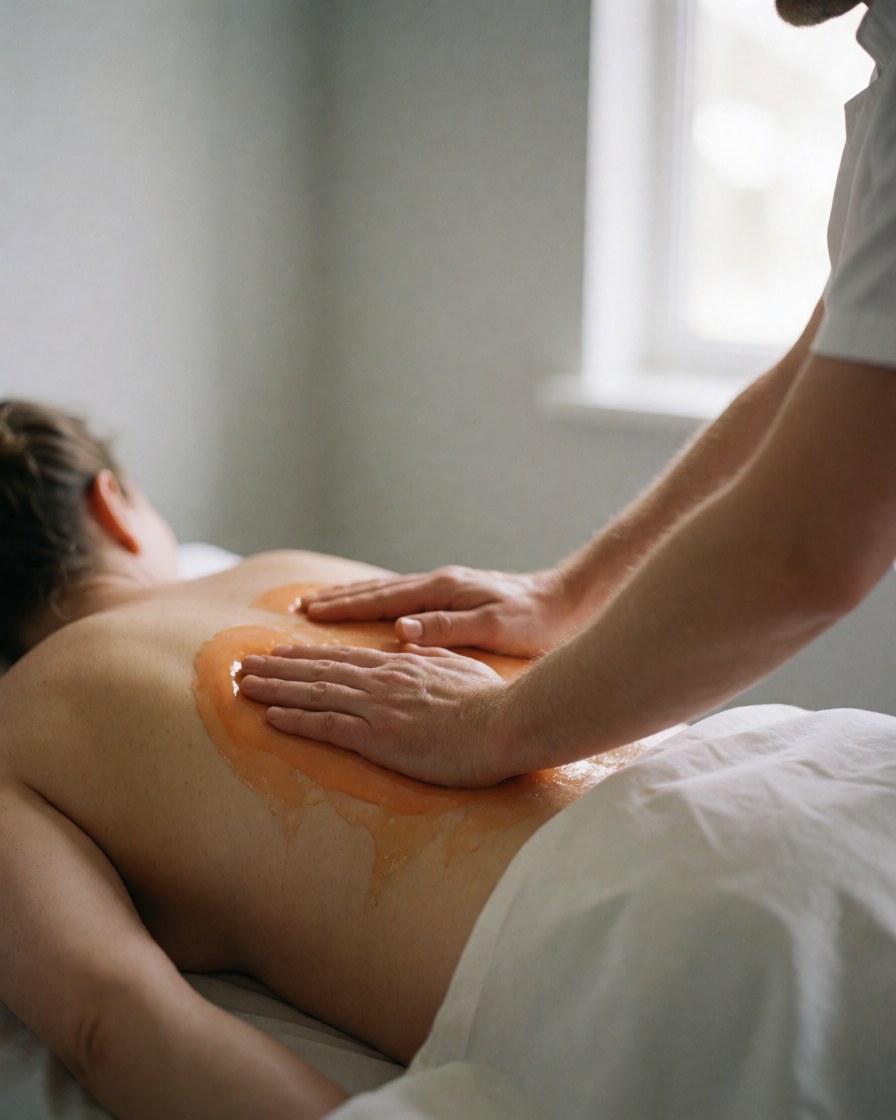 Therapist massaging back with bright orange oil, relaxed client with white linen, gray walls and natural light in massage room.