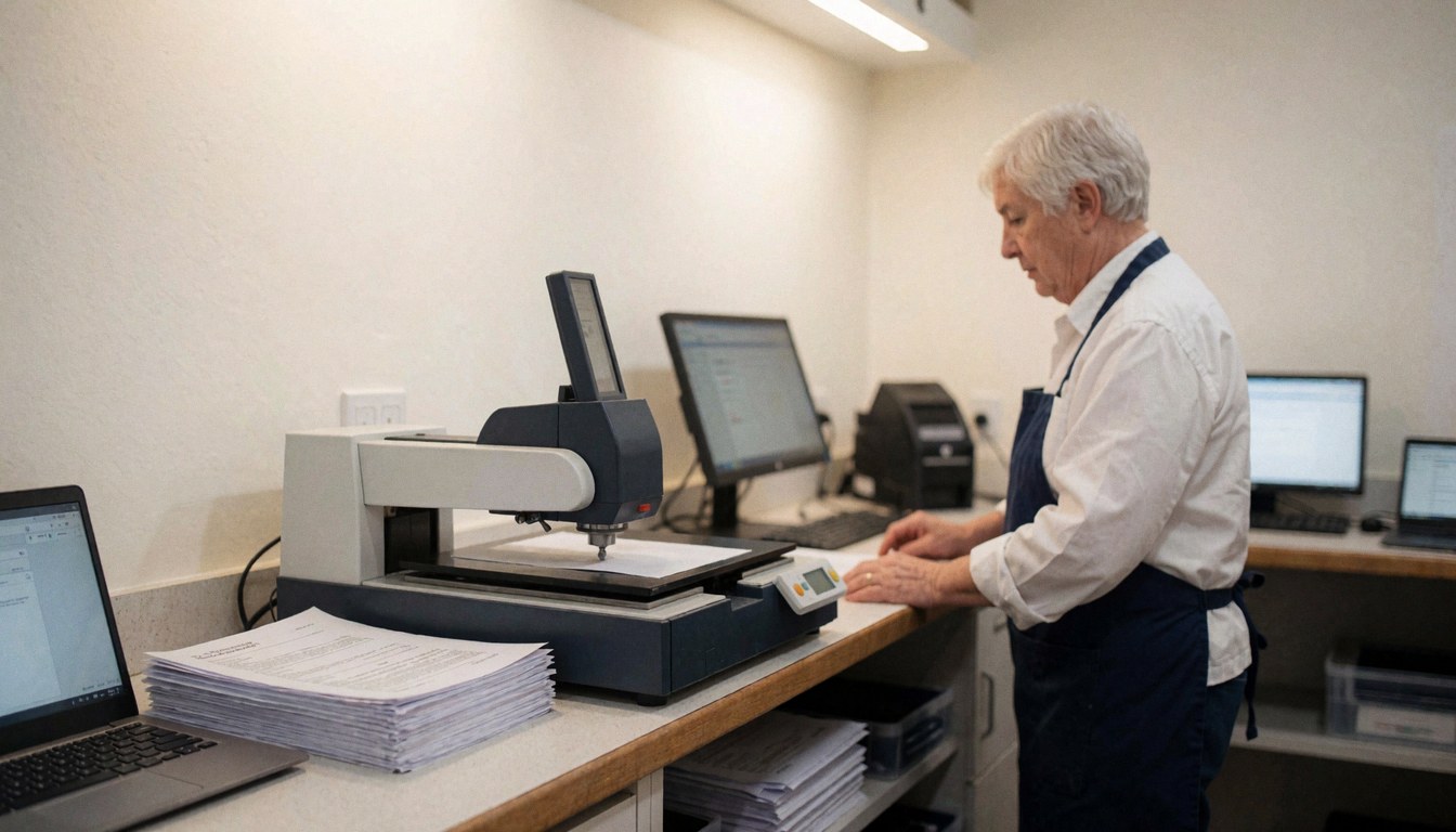 A man in an apron operates a flatbed scanner with a stack of documents in a clean, well-lit office.