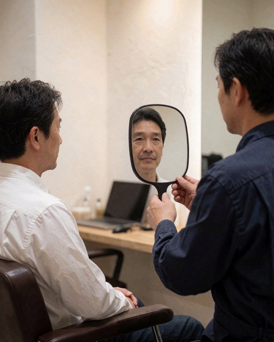 A satisfied customer inspects their clear complexion while looking into a mirror inside a warm, naturally lit beauty salon.