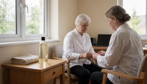 Geriatric massage therapist applying care to a seated client's hands with oil bottle and towel on wooden table near window