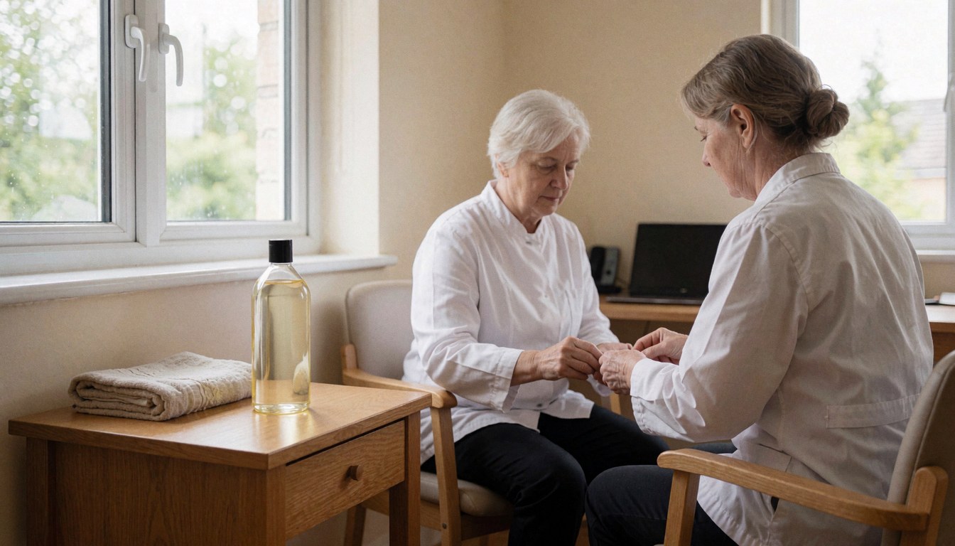 Geriatric massage therapist applying care to a seated client's hands with oil bottle and towel on wooden table near window