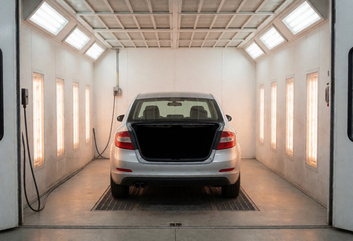 Silver vehicle inside a paint curing room with heating panels, concrete floor, and natural light from windows