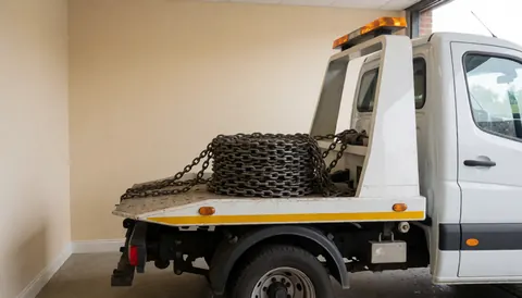 White tow truck featuring a heavy chain on its platform against a beige wall, suitable for towing service websites.