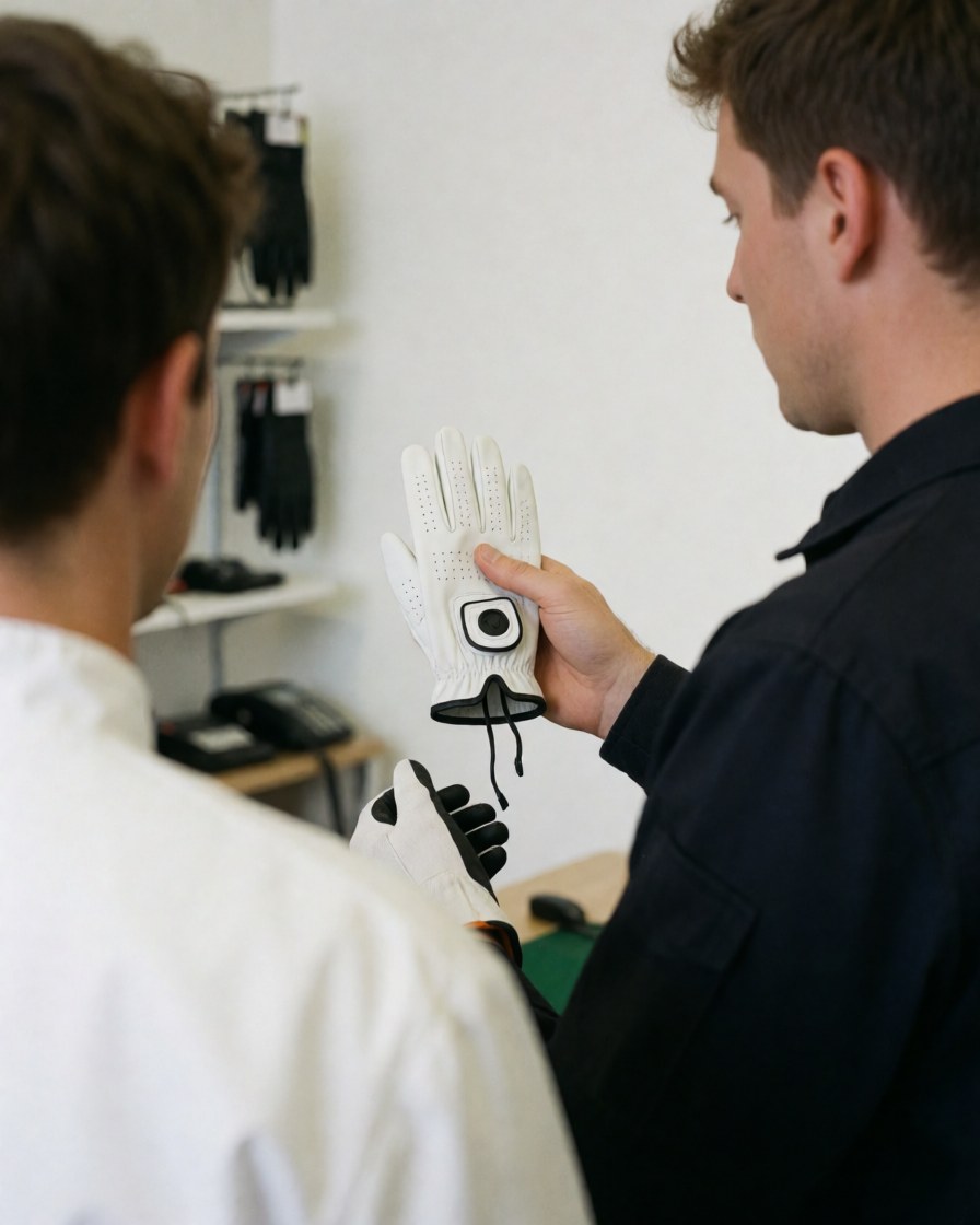 Back view of a customer inspecting a golf glove inside a pro shop with glove displays in the background