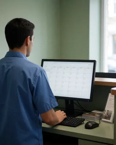 Receptionist using a computer with a calendar in a hostel with green walls and natural light