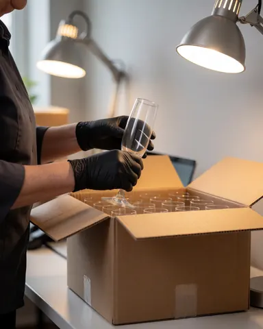 Hands wearing black gloves carefully packing champagne flutes into a cardboard box under desk lamp light