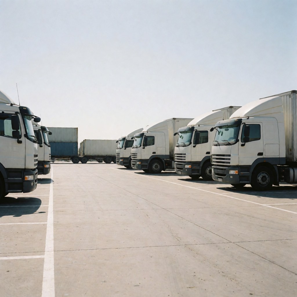 Several white semi trucks parked in a row at a port with shipping containers in the background and sunlight shining