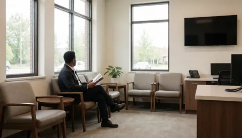 A customer reads a magazine in a modern waiting room with large windows and comfortable furniture, ideal for a watch repair business.
