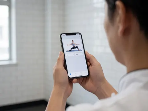 Close-up of a hand holding a smartphone displaying a yoga instruction app screen in a gym with white tiled walls