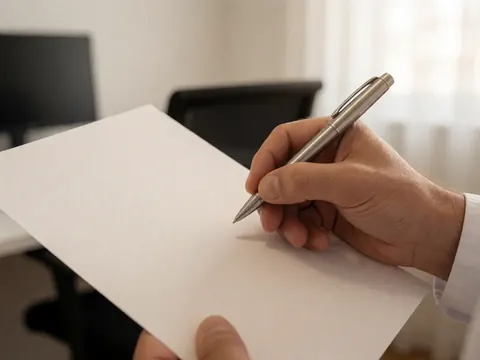 Hand holding a pen ready to sign a blank document on a modern office desk with a chair and warm lighting