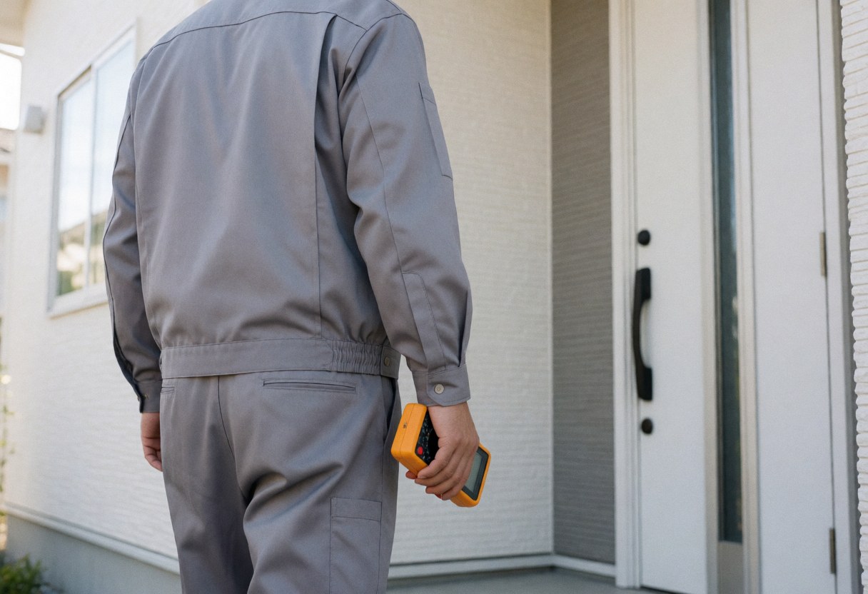 HVAC technician in gray uniform holding a digital multimeter walking toward the front door of a modern white house.