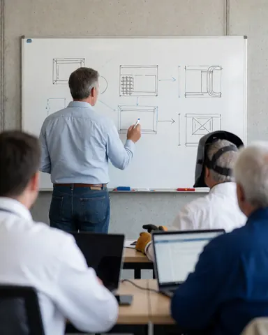 Coding instructor writing technical diagrams on a whiteboard while students work on laptops in the foreground