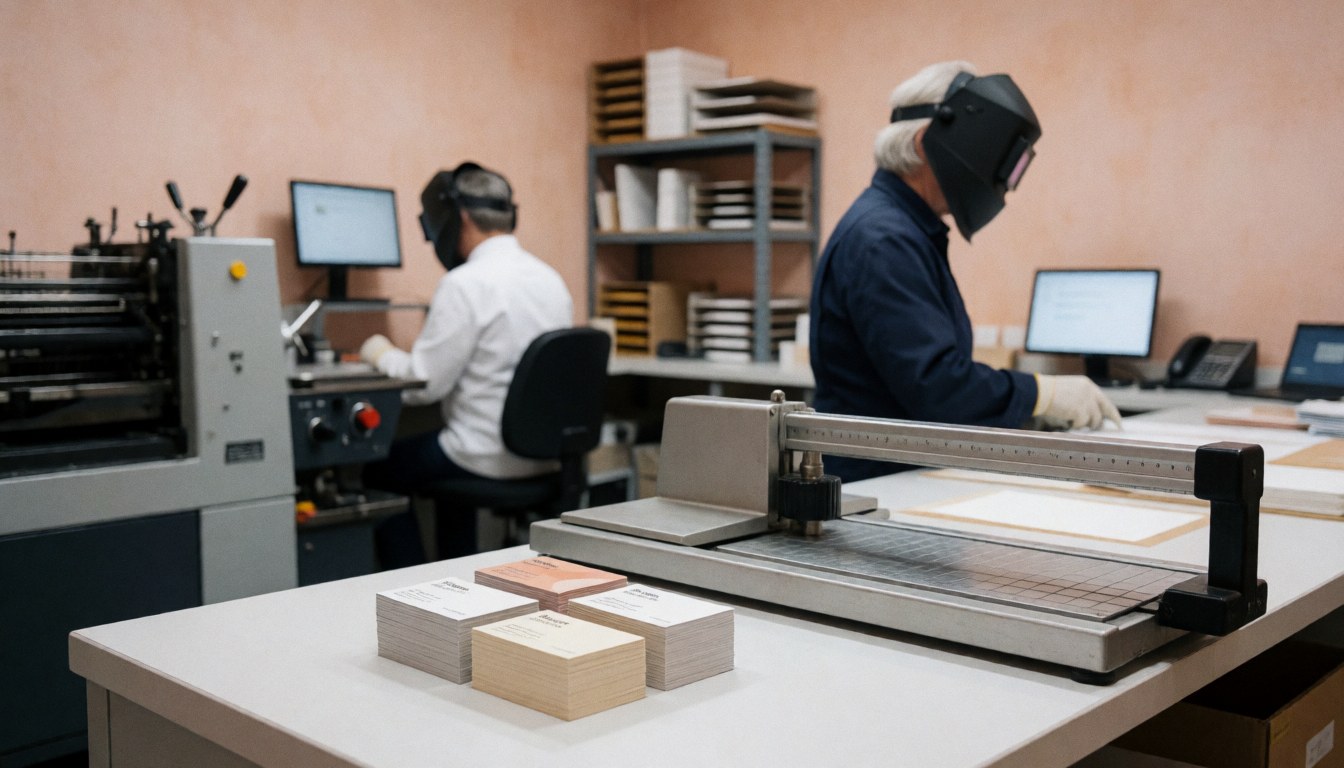 Freshly cut business cards on an industrial printer in a print shop with terracotta plaster walls