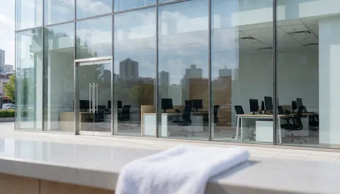 White towel resting on a clean glass building facade reflecting modern offices and a clear blue sky.