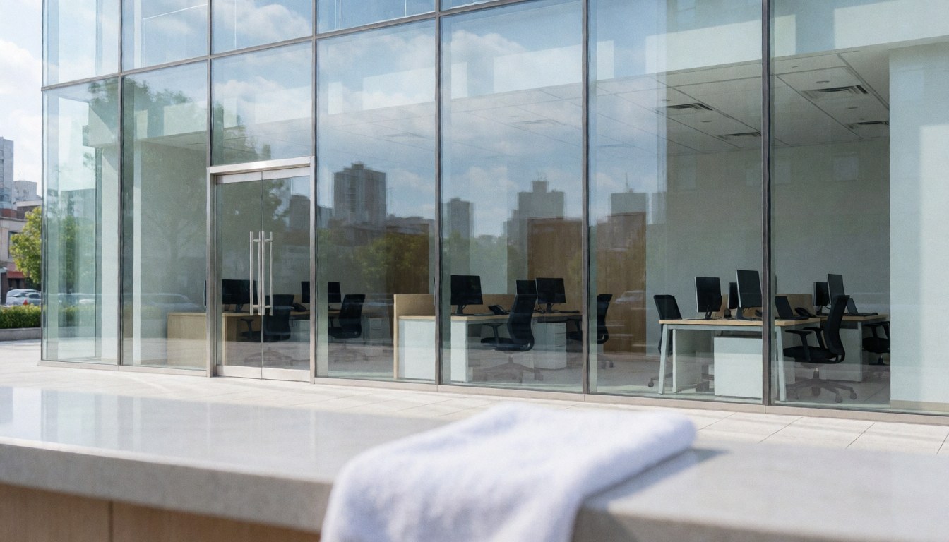 White towel resting on a clean glass building facade reflecting modern offices and a clear blue sky.