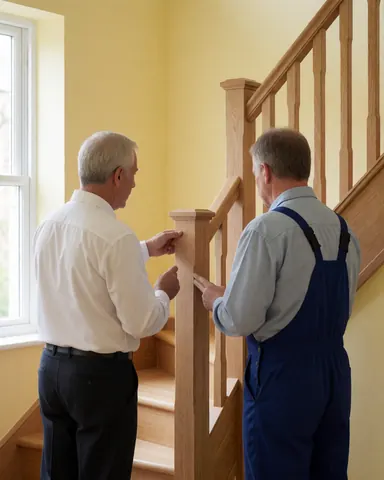 Carpenter and client inspecting a newly installed wooden ladder inside a house with yellow walls and natural light