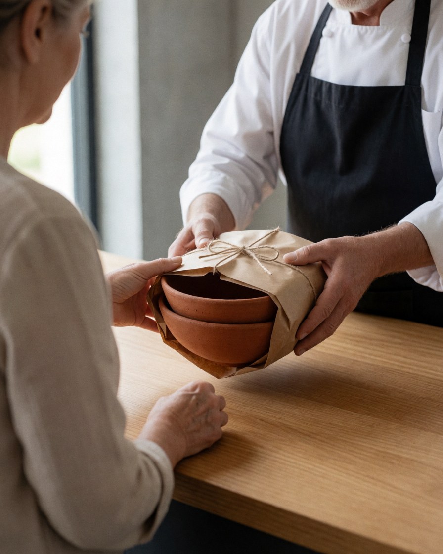 A customer receives a kraft paper bag containing handmade pottery at a workshop with a concrete wall and wooden table.