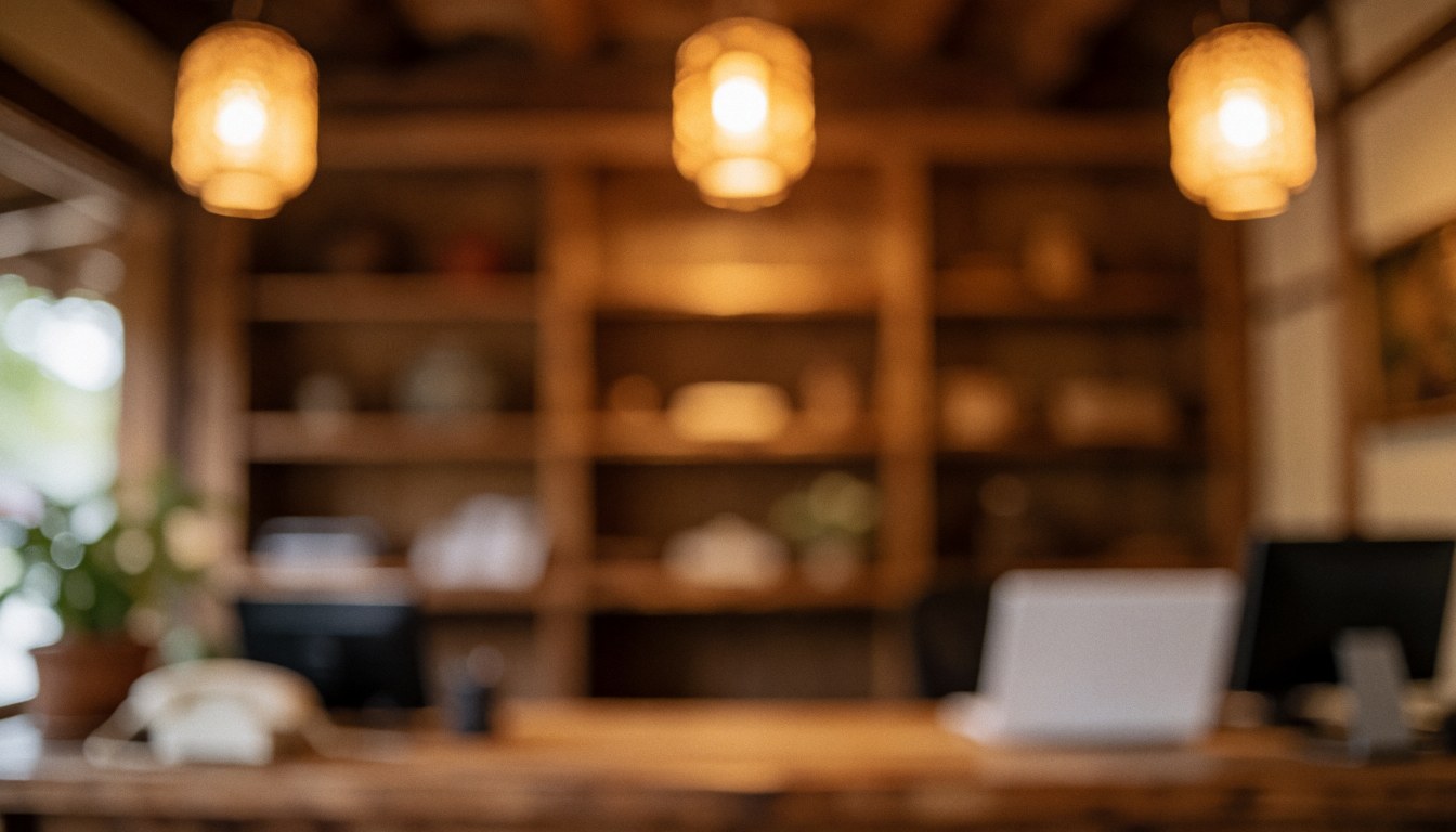 Rustic reception background featuring wooden tables, shelves, and hanging paper lamps, ideal for rural lodging.