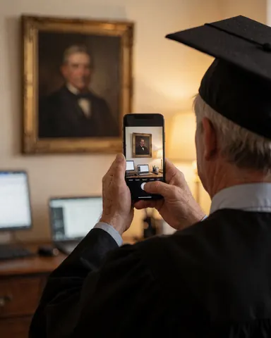 A graduate in a cap and gown takes a framed portrait selfie using a smartphone in a warm office setting with computers.