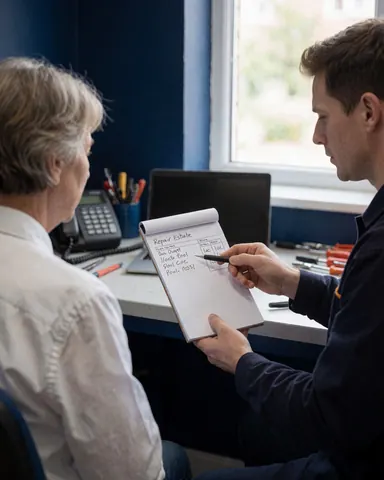 Technician explains repair costs to a seated client while holding a written estimate, with tools on the desk and natural window light.