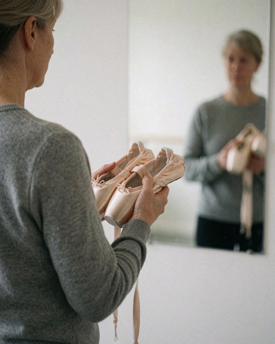 Adult woman wearing pointe shoes looking at her reflection in a mirror while preparing for a dance class in a studio with white walls