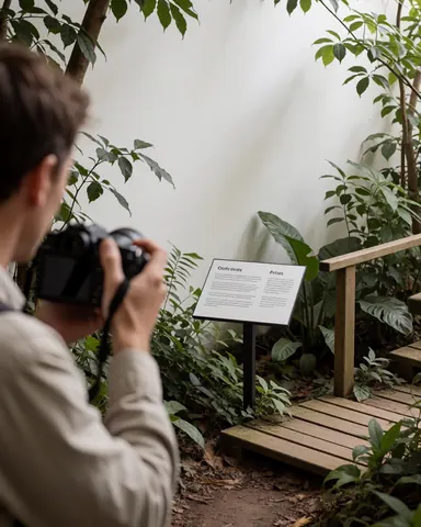 A visitor uses a camera to photograph an informational sign along a wooden walkway surrounded by greenery at a zoo.