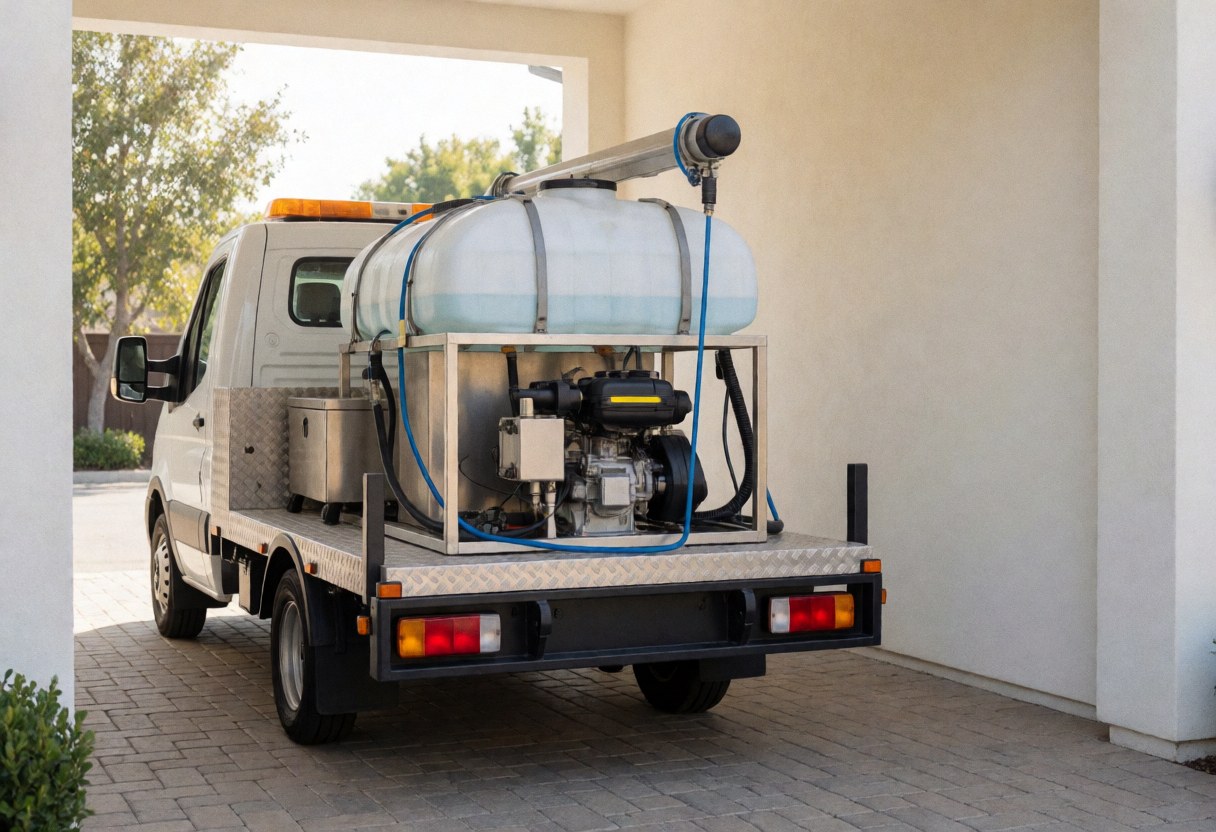 Mobile car wash truck equipped with a water tank and pump, parked on a paved lot ready for service.