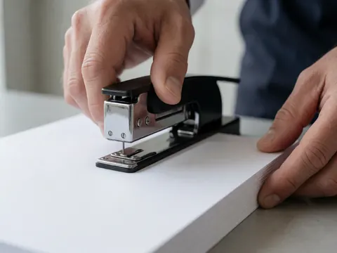 Close-up of a hand pressing a stapler onto a stack of white paper, showing modern office details with a smooth wall and shiny metal.