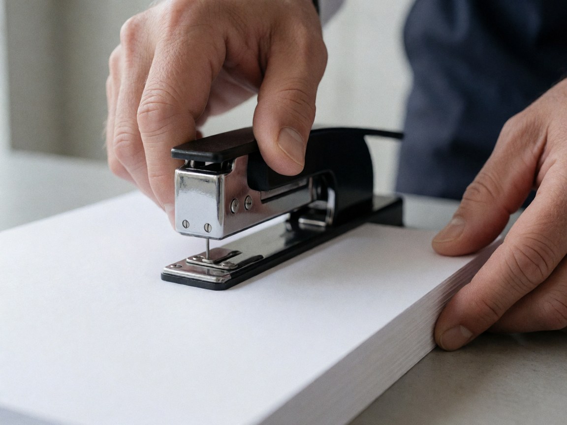Close-up of a hand pressing a stapler onto a stack of white paper, showing modern office details with a smooth wall and shiny metal.