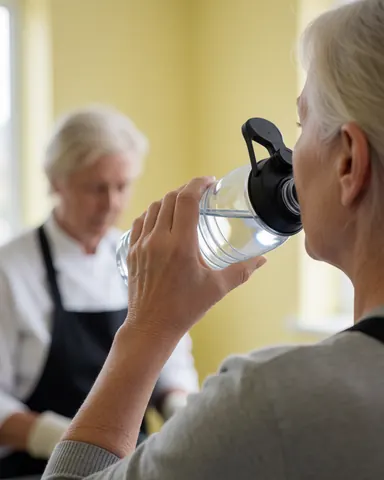 Woman drinking water from a bottle in a gym with yellow walls and natural light