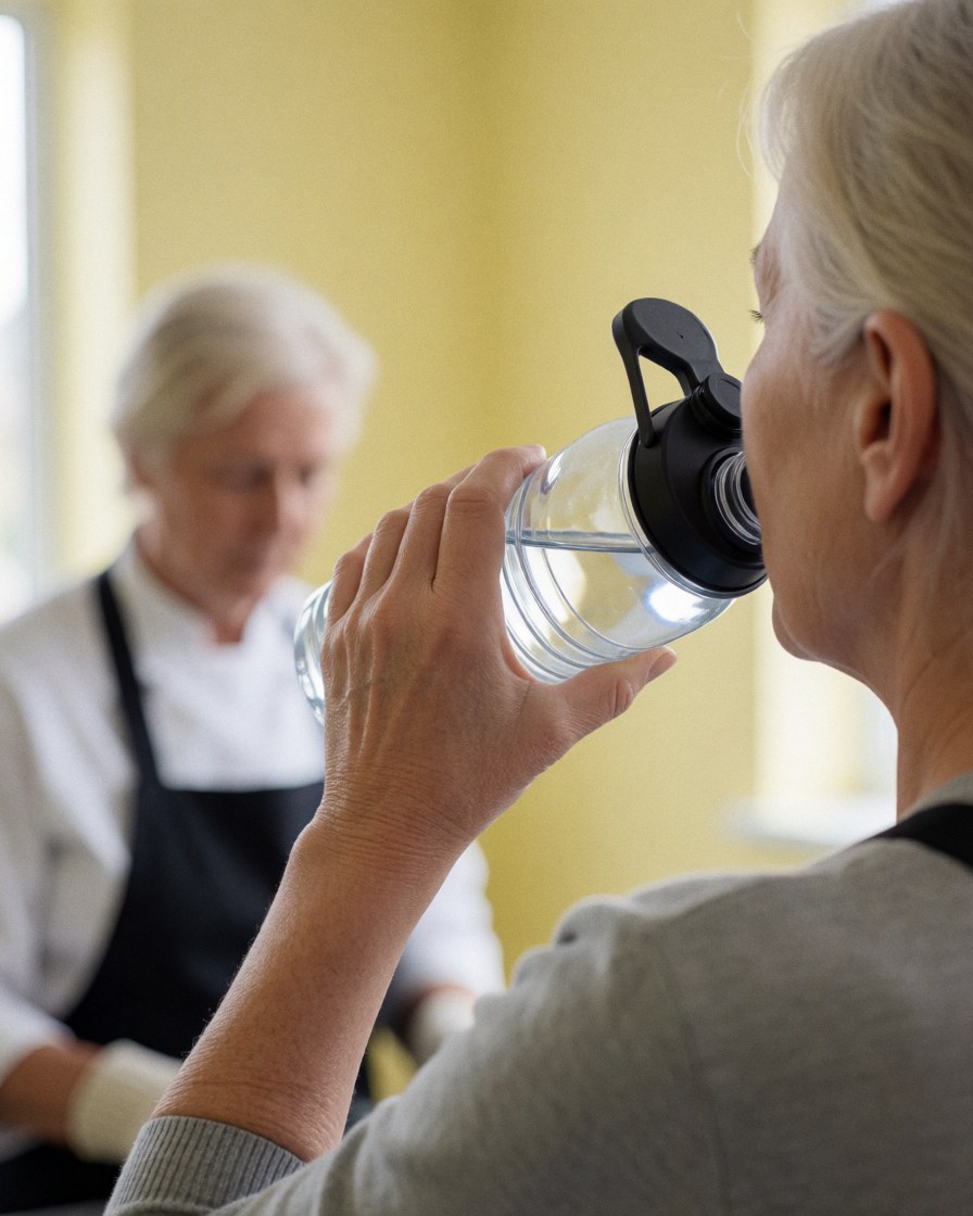 Woman drinking water from a bottle in a gym with yellow walls and natural light