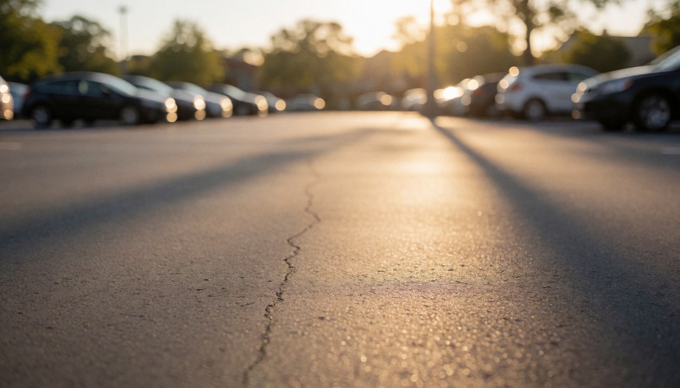 Themed parking lot with blurred cars, cracked asphalt, and golden sunset light suitable for text overlay