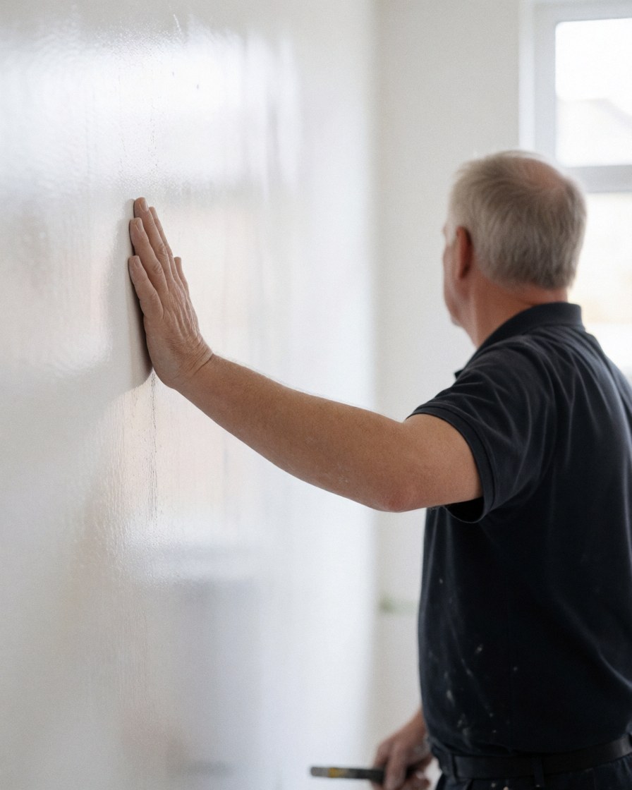 A man touches a freshly plastered white wall with his hand, showing the final finish of the work.