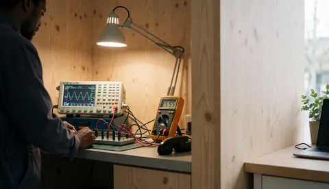 Electronics repair technician adjusting a circuit using an oscilloscope and multimeter in a workshop with wooden walls and work lighting.