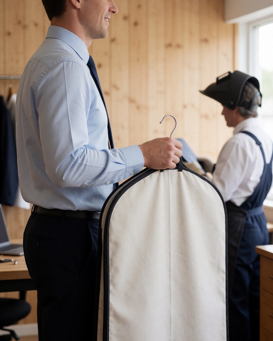Satisfied customer holding a laundry bag inside a sewing workshop with visible wooden walls and tools.