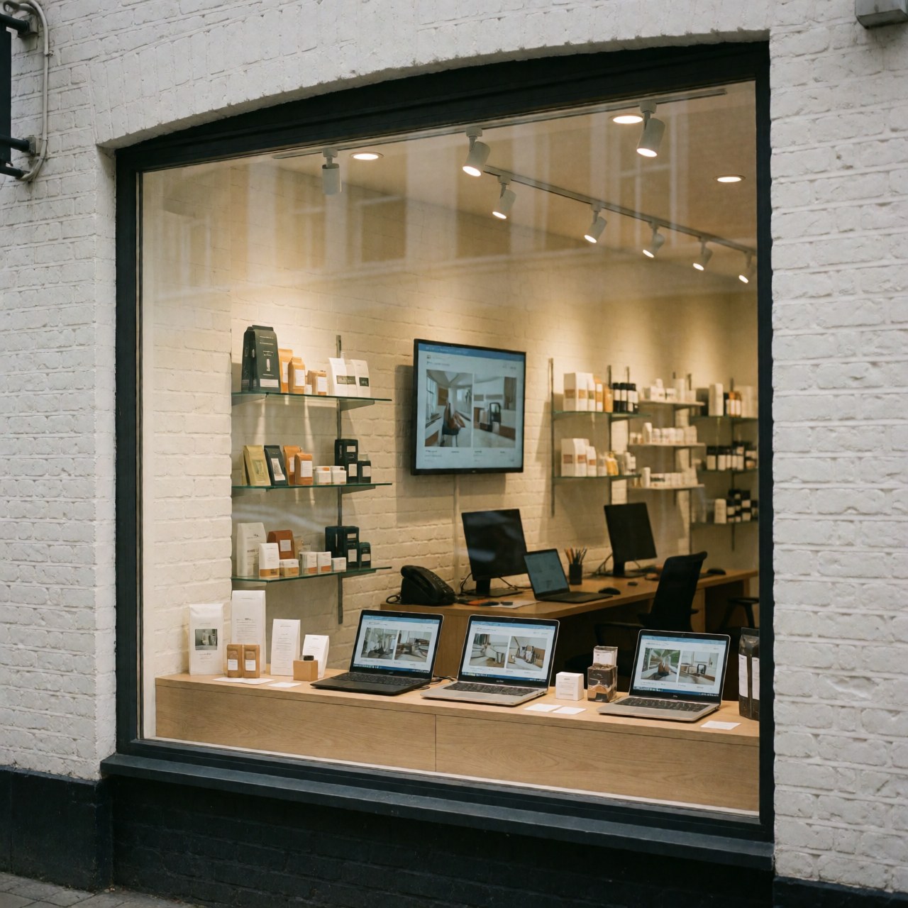 Clean store window displaying cleaning products on shelves and laptops on the counter against white brick walls with warm lighting