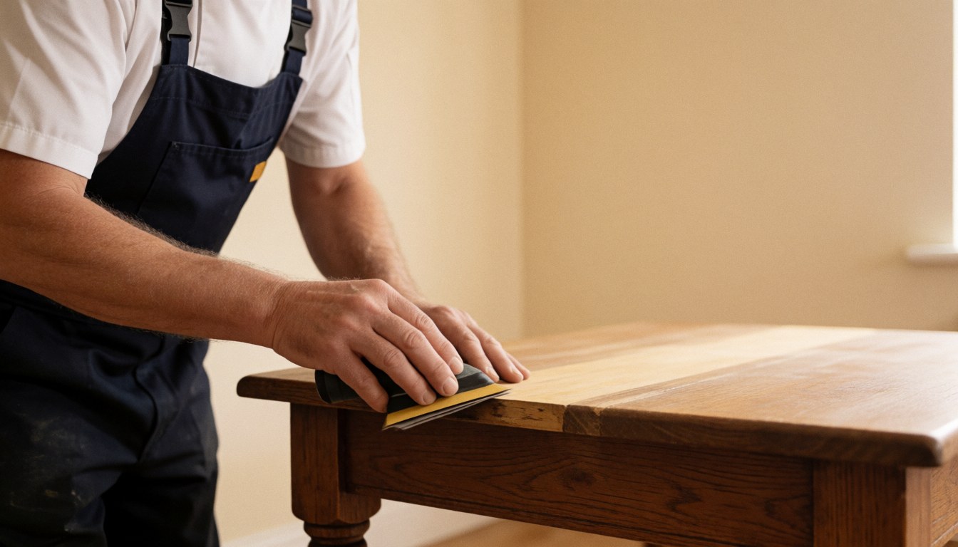 Close-up of a hand using sandpaper on a wooden table against a beige wall, illustrating furniture repair work.