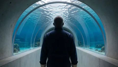 A person walks along a curved underwater tunnel, viewing blue water and rocks in a modern aquarium setting.