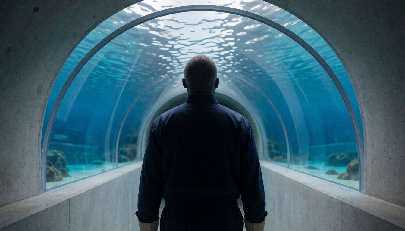 A person walks along a curved underwater tunnel, viewing blue water and rocks in a modern aquarium setting.
