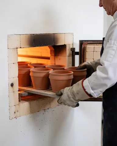 Hands wearing protective gloves pull terracotta pots out of a ceramic kiln in a workshop setting with white walls