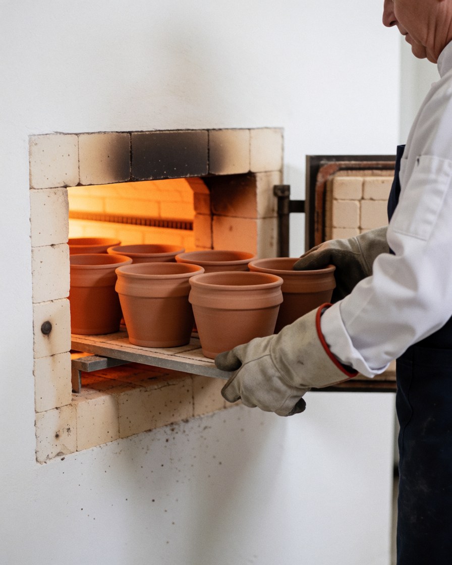 Hands wearing protective gloves pull terracotta pots out of a ceramic kiln in a workshop setting with white walls
