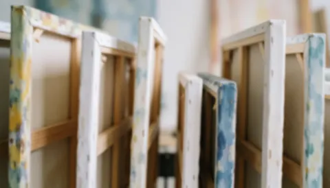 Painted canvas frames in an art studio with a blurred background and creative atmosphere for text