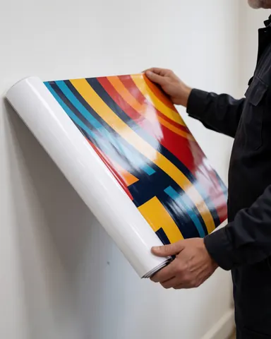 Worker in workwear holding a sheet of colorful graphic vinyl against a white wall with visible reflections for textile printing business