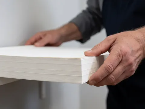 Close-up of hands holding a neat stack of white bond paper against a light gray wall, highlighting clean edges suitable for copy shop services