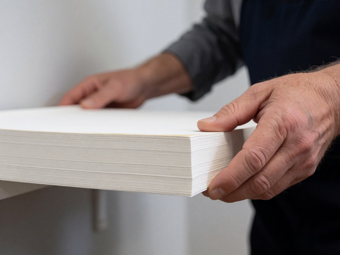 Close-up of hands holding a neat stack of white bond paper against a light gray wall, highlighting clean edges suitable for copy shop services