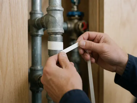 Close-up of hands wrapping PTFE tape around a galvanized pipe for repair, with tools and wooden walls in the background